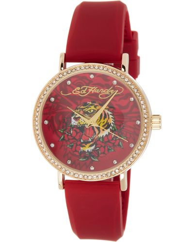Ed Hardy Crystal Tiger Silicone Strap Watch - Red