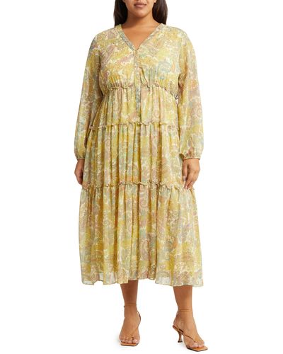 Taylor Dresses Paisley Long Sleeve Tiered Dress - Yellow