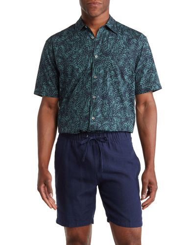 COASTAORO Patterned Short Sleeve Cotton Button-up Shirt - Blue