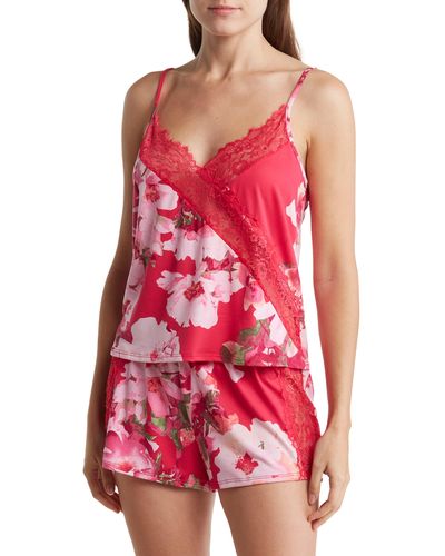 In Bloom Lace Trim Floral Camisole & Shorts Pajamas - Red