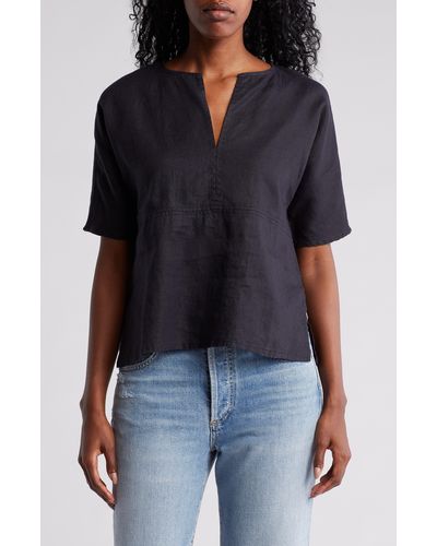 James Perse Split Neck Linen Top - Black