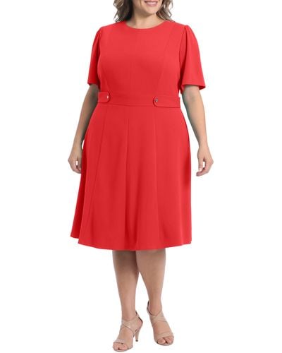 London Times Short Sleeve Fit & Flare Midi Dress - Red