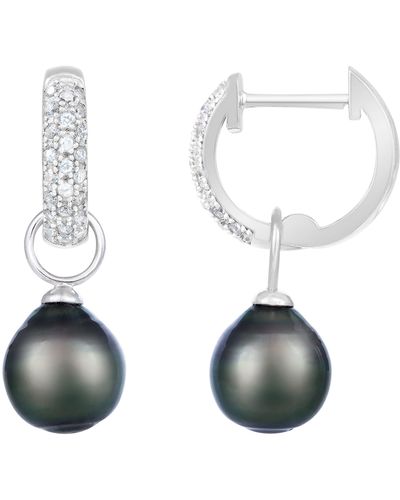 Splendid Rhodium Plated Sterling Silver 10-11mm Black Tahitian Pearl Drop Pavé Cz Huggie Hoop Earrings - White