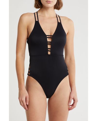 Nicole Miller Plunge Cutout Ribbed One-piece Swimsuit - Black