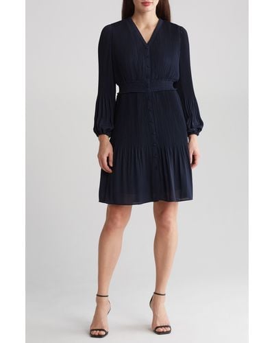 Nanette Lepore Pleated Long Sleeve Fit & Flare Dress - Blue
