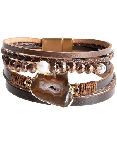 Saachi Agate & Freshwater Pearl Faux Leather Bracelet - Brown