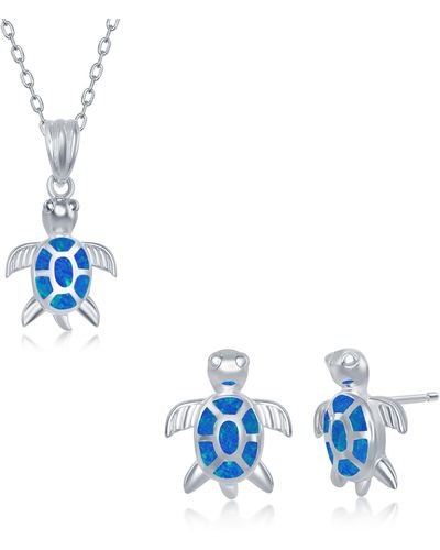 Simona Sterling Silver Blue Created Opal Turtle Pendant Necklace & Earrings Set