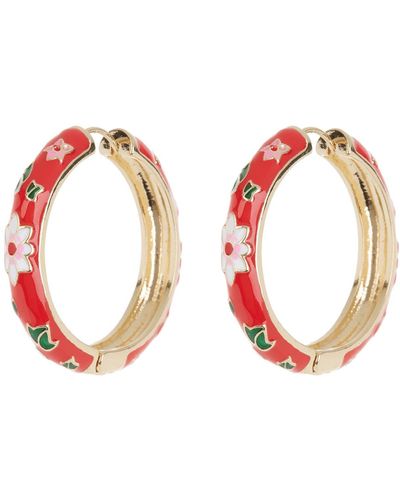 Tasha Floral Enamel Hoop Earrings - Red
