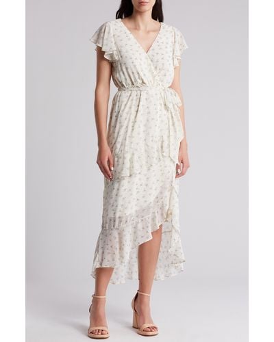 Lush Flutter Sleeve Faux Wrap Midi Dress - White