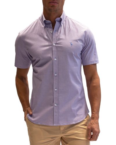 Tailorbyrd Micro Gingham Stretch Cotton Short Sleeve Button-down Shirt - Purple