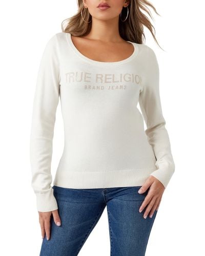 True Religion Rhinestone Logo Pullover Sweater - White
