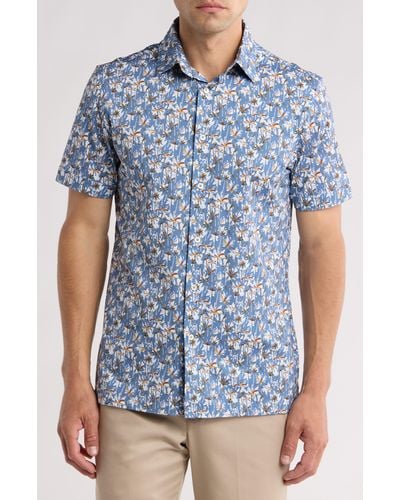 Bugatchi Trim Fit Palm Print Short Sleeve Stretch Cotton Button-up Shirt - Blue
