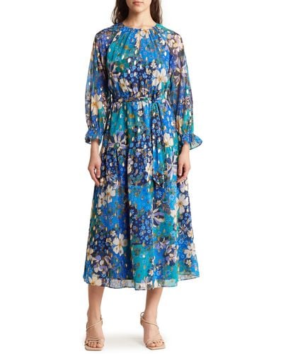 Maggy London Floral Long Sleeve Chiffon Dress - Blue