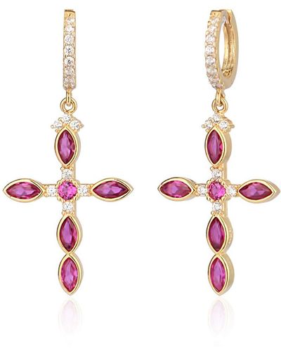 Gabi Rielle 14k Gold Plated Sterling Silver Ruby & Cz Cross Dangle Earrings - Metallic