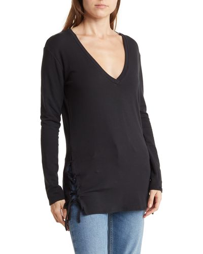Go Couture V-neck Dolman Sleeve Double Lace-up T-shirt - Black