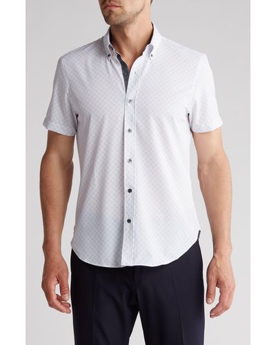 Con.struct Slim Fit Geometric Four-way Stretch Performance Short Sleeve Button-down Shirt - White
