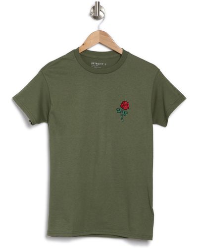 Retrofit Rose Embroidery Cotton T-shirt - Green