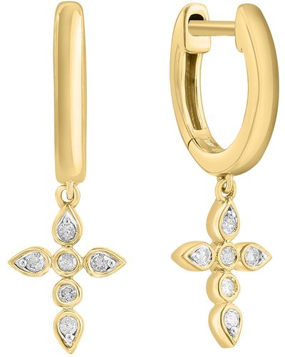Effy 14k Gold Plated Sterling Silver Diamond Cross Drop Huggie Hoop Earrings - Metallic
