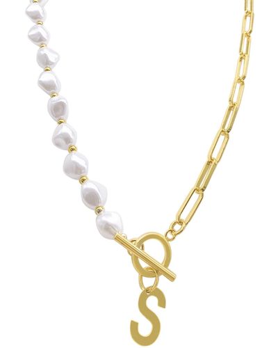 Adornia Imitation Pearl & Paperclip Chain Initial Pendant Necklace - Metallic