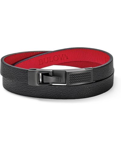 Bulova Stainless Steel Leather Bracelet - Red
