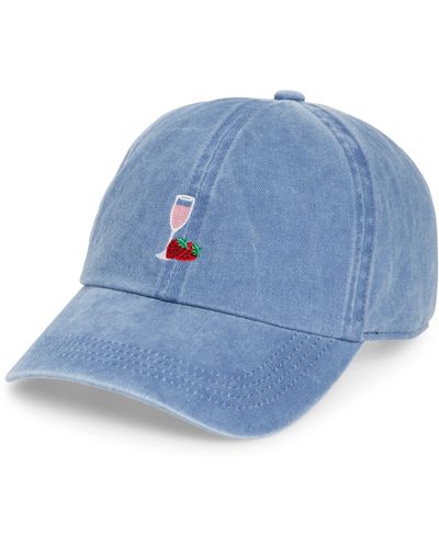 David & Young Champagne Strawberry Embroidered Cotton Baseball Cap - Blue