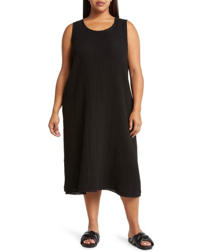 Eileen Fisher Sleeveless Organic Cotton Shift Midi Dress - Black