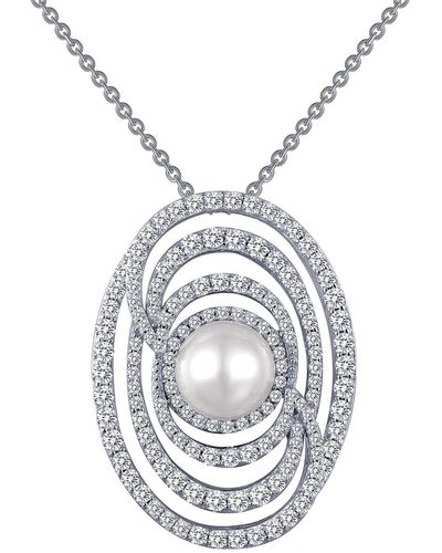 Lafonn Platinum Plated Sterling Silver Pavé Simulated Diamond & 5mm Freshwater Pearl Pendant Necklace - White