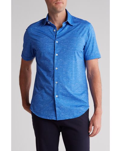 Bugatchi Miles Ooohcotton® Heathered Short Sleeve Button-up Shirt - Blue