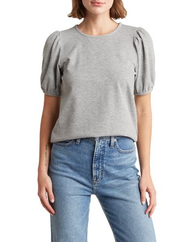 FOR THE REPUBLIC Short Puff Sleeve Rib Knit Top - Gray