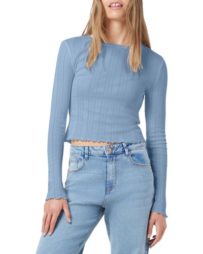 Noisy May Judy Pointelle Stitch Long Sleeve Top - Blue