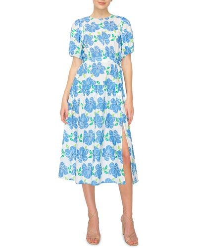 MELLODAY Tropical Print Puff Sleeve Midi Dress - Blue