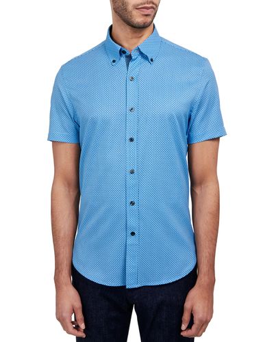 Con.struct Slim Fit Geometric Print Short Sleeve 4-way Stretch Performance Button-up Shirt - Blue