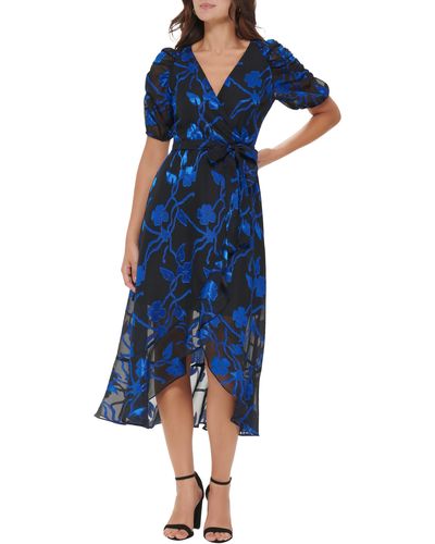 Kensie Burnout Chiffon Faux Wrap Dress - Blue
