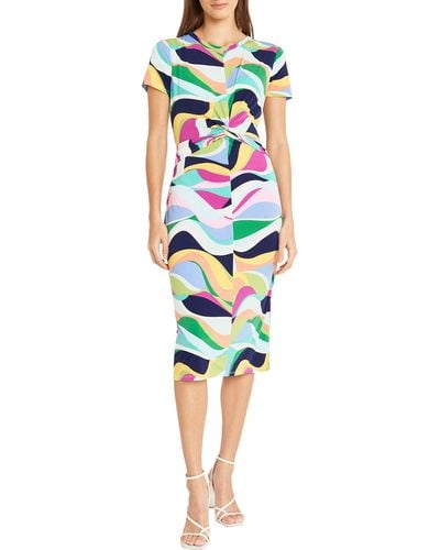 DONNA MORGAN FOR MAGGY Twist Front Short Sleeve Midi Dress - Multicolor
