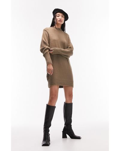 TOPSHOP Knitted Crew Neck Dress - Natural