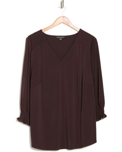 Adrianna Papell Solid V-neck 3/4 Sleeve Top - Brown