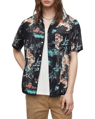 AllSaints Tagise Relaxed Fit Tiger Print Short Sleeve Cotton Button-up Shirt - Black