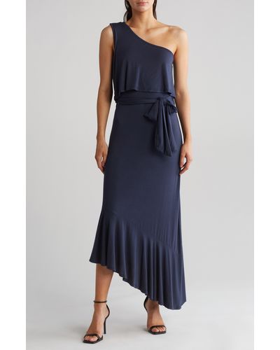 Go Couture Asymmetric Tie Waist One-shoulder Dress - Blue