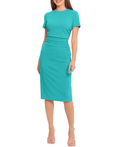 Maggy London Ruched Short Sleeve Midi Dress - Blue