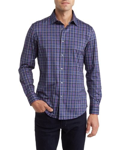 Bugatchi Plaid Long Sleeve Stretch Cotton Button-up Shirt - Blue