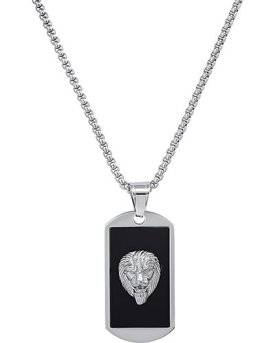 HMY Jewelry Stainless Steel Black Enamel Lion Dog Tag Pendant Necklace - White
