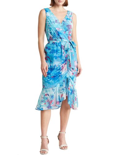 Connected Apparel Floral Sleeveless Faux Wrap Midi Dress - Blue