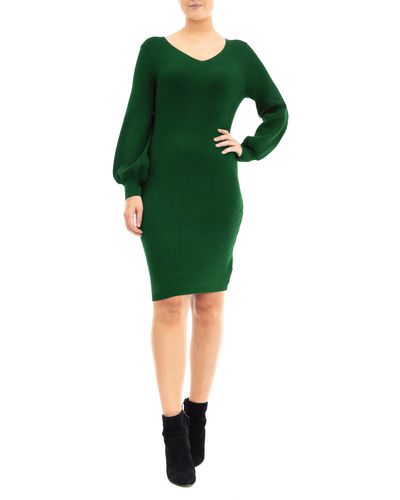 Nina Leonard V-neck Balloon Sleeve Sweater Dress - Green