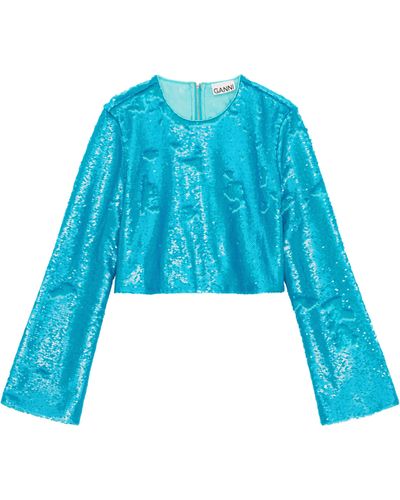 Ganni Long Sleeve Sequin Top - Blue