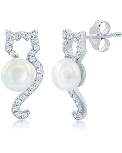 Simona Sterling Silver Cat & Round Pave Cz & 5.5-6mm Cultured Freshwater Pearl Earrings - Metallic