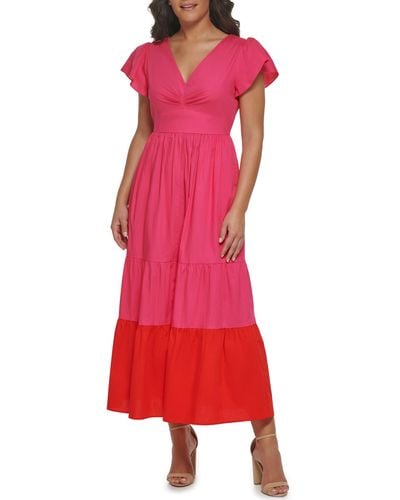 Kensie Ruffle Sleeve Colorblock Cotton Maxi Dress - Red