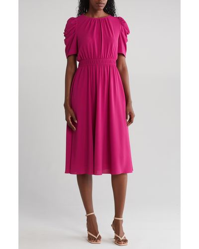 London Times Ruched Bubble Sleeve Midi Dress - Pink