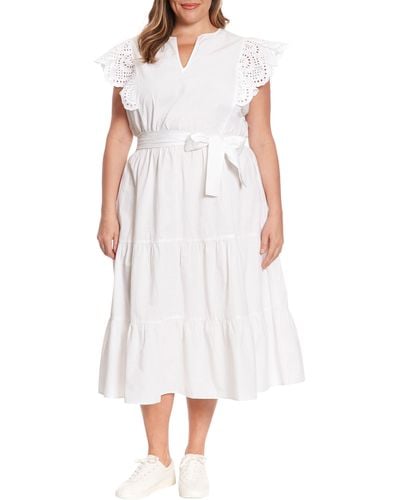 London Times Eyelet Flutter Sleeve Tiered Cotton Dress - White