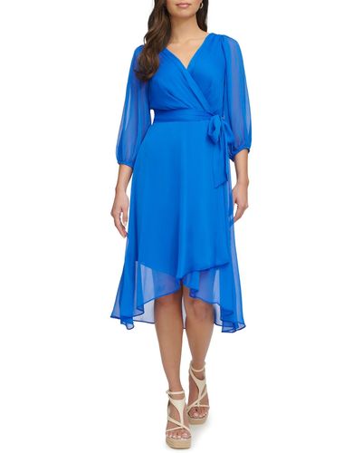 DKNY Balloon Sleeve Faux Wrap Dress - Blue
