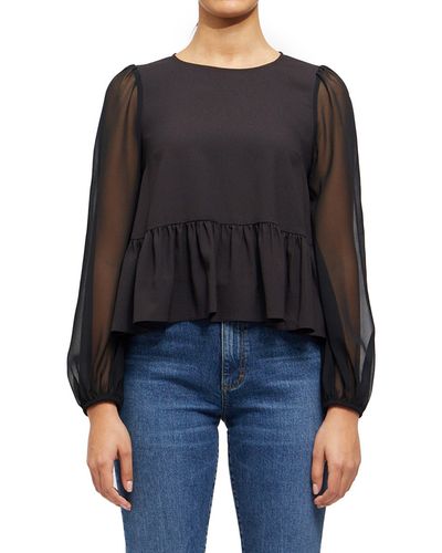French Connection Light Long Sleeve Crepe Georgette Peplum Blouse - Black